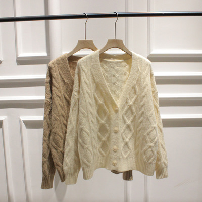 清新甜美秋裝新款復(fù)古麻花單排扣針織衫毛衣開衫外套女
